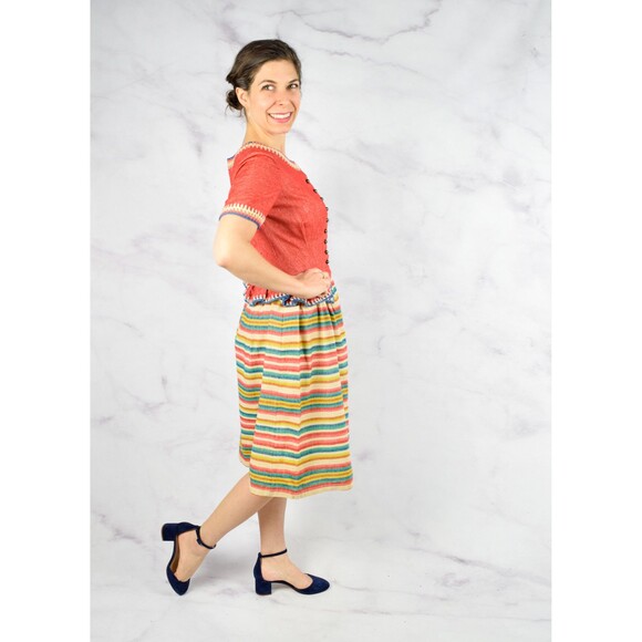 1940s Rainbow Dress Size Small 40s Striped Peplum Dress Crochet Details Wool - Picture 7 of 10